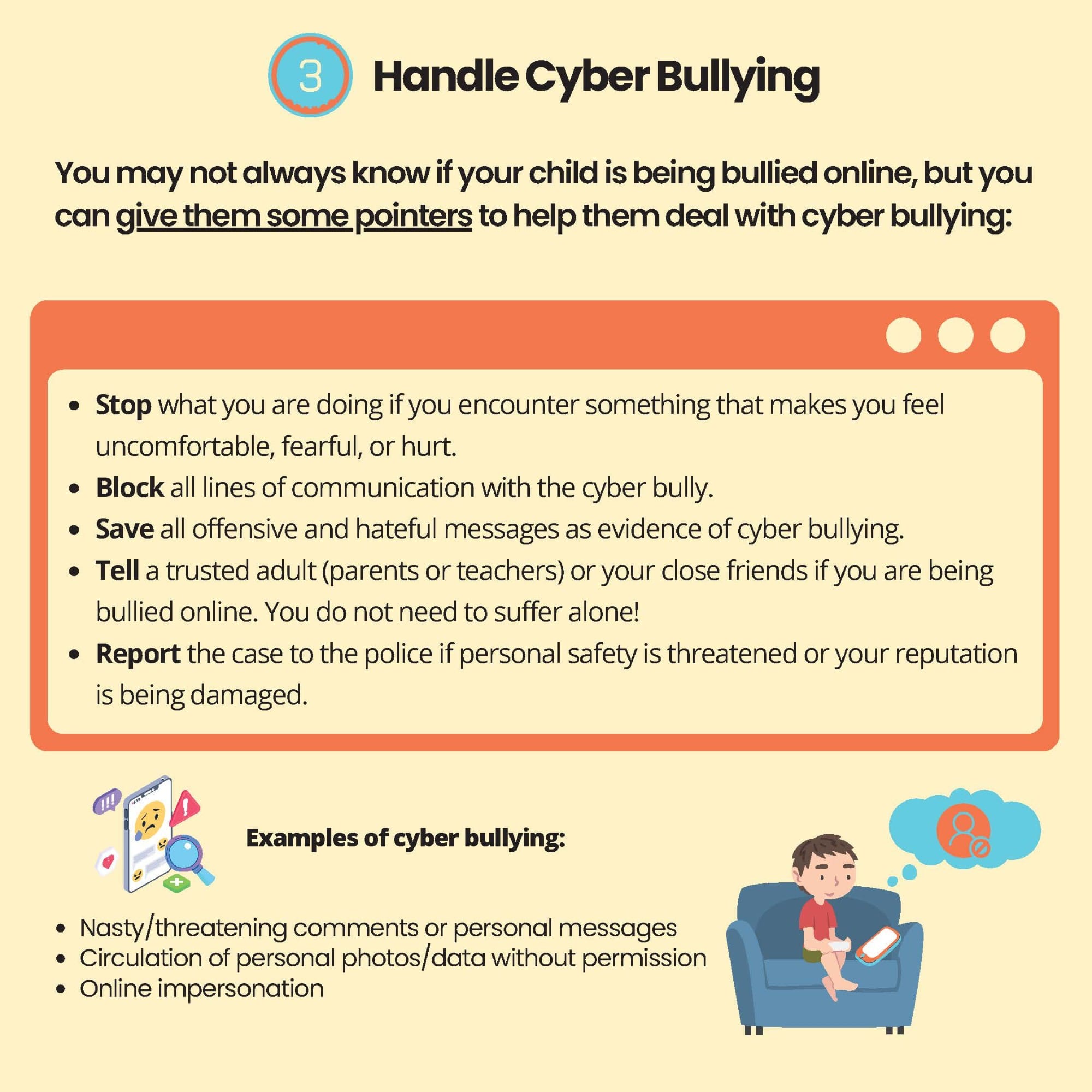 Infographic titled Handle Cyber Bullying with tips to stop, block, save, tell, and report bullying, plus examples.
